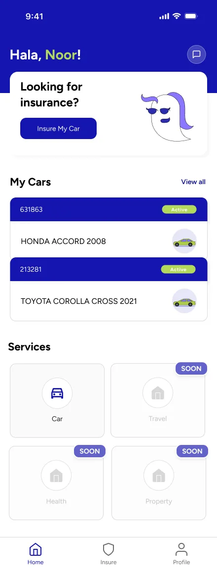 Soor app showing motor insurance comparison on a smartphone